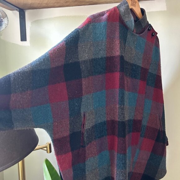Plaid Wool Blend Batwing Cape Coat - Picture 3 of 6